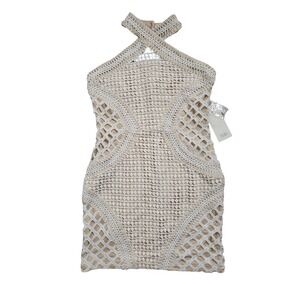 Tobi White Crochet Halter Mini Dress Beige Lining Resort Wear Boho Size M NWT